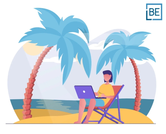 Freelancer working remotely on a laptop at a tropical beach in Thailand, symbolising visas for digital nomads and how to work in Thailand legally in 2025.