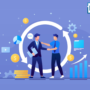 Two business professionals shaking hands against a background of growth charts, coins, and digital icons, symbolising how to start a business in Thailand with full ownership.