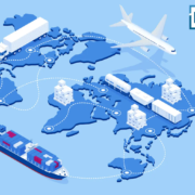 Legal Services Thailand Illustration of global logistics routes with cargo ship, airplane, and freight trucks connecting international trade hubs, representing import in Thailand and global supply chain operations.